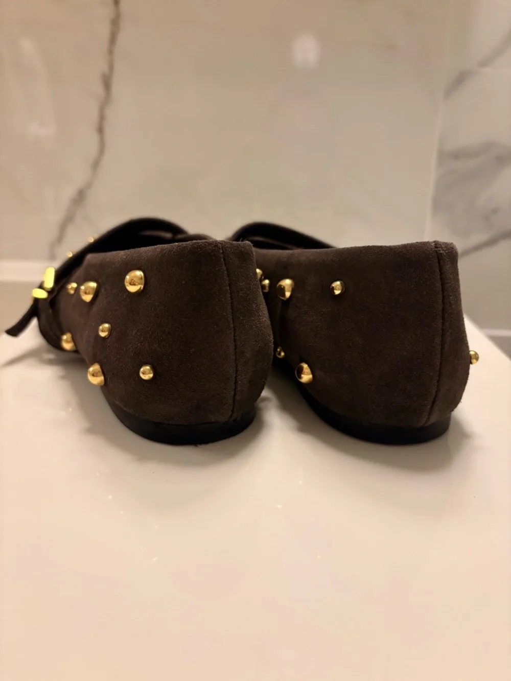 Zara Chocolate Brown Suede Mary Jane Flats with Gold Studs - Picture 4 of 5